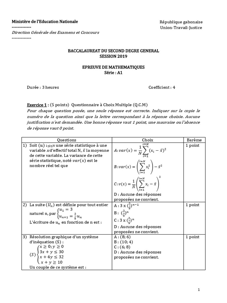 Sujet de Maths Bac A1 2019 Corrigé | PDF | Limite (mathématiques ...