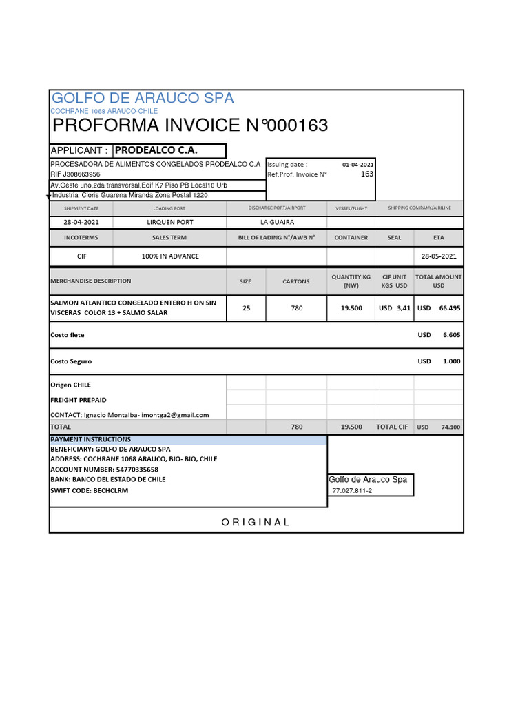 Proforma Invoice for Frozen Salmon Shipment | PDF