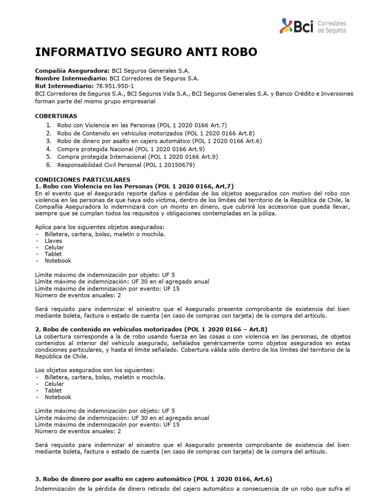 Póliza de Seguro Anti Robo BCI | PDF | Póliza de seguros | Seguro