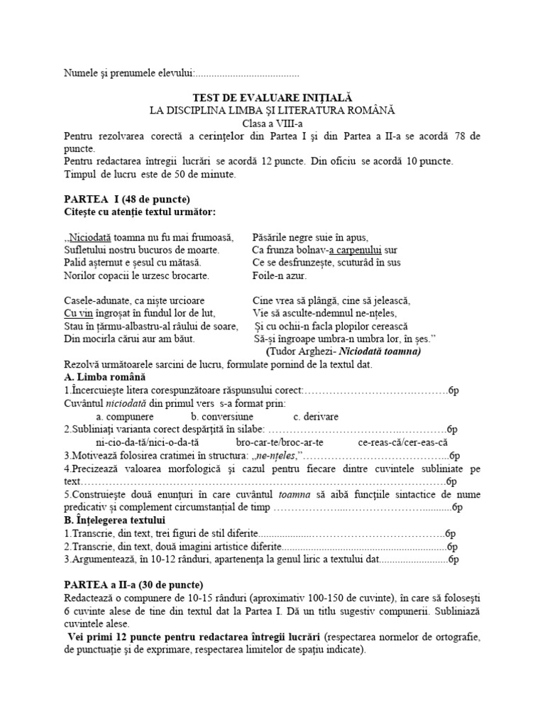 Test - Initial Clasa A 8 | PDF