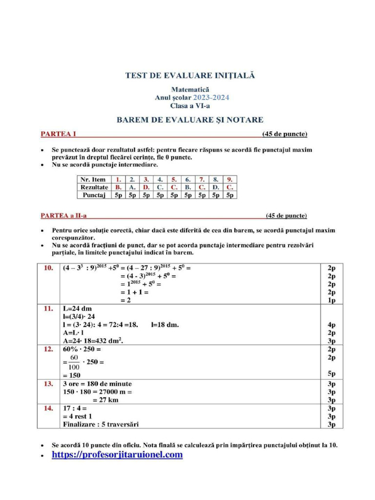 Rezolvare Barem de Corectare Test Initial Matematica Clasa A 6 A An ...