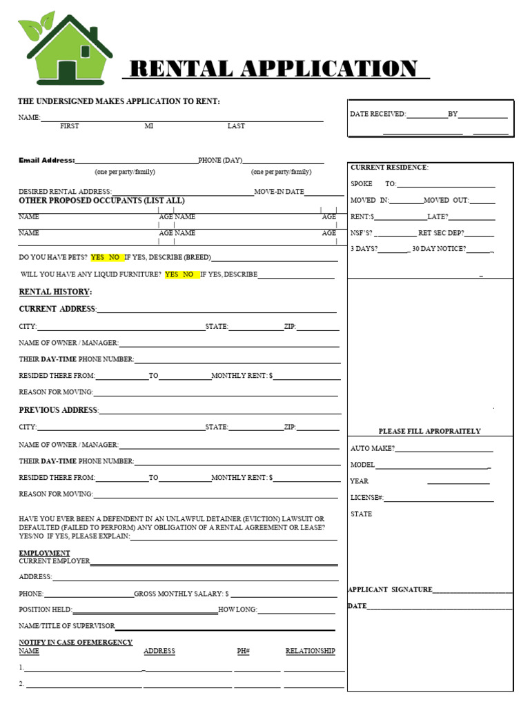 Rental Application PDF Renting Eviction