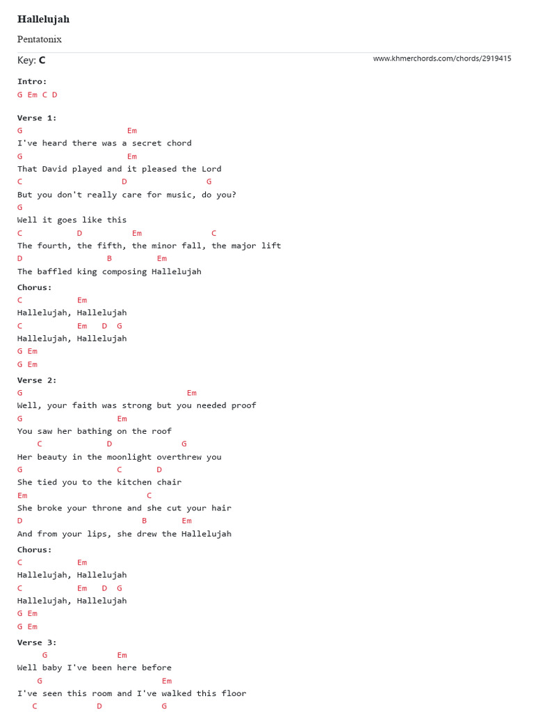 Hallelujah Chords and Lyrics Guide | PDF | Song Structure
