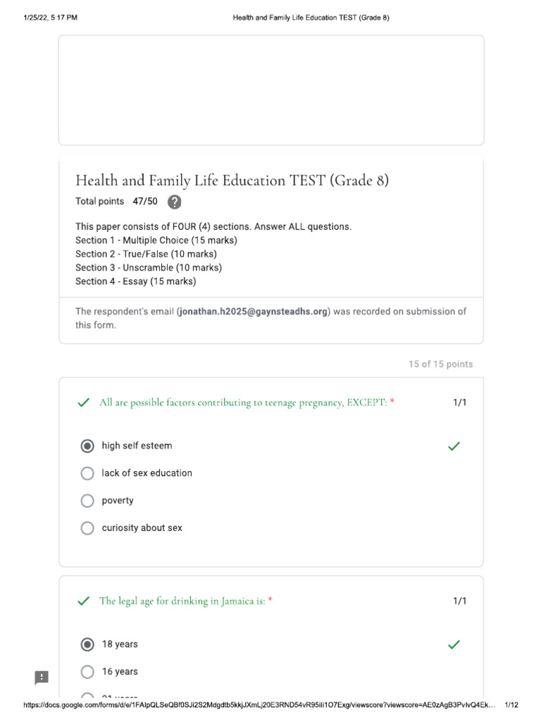 Health and Family Life Education TEST PDF