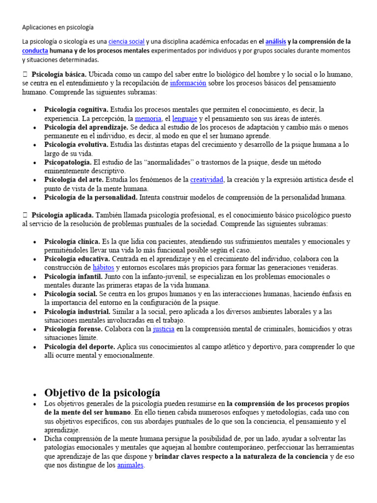 Aplicaciones y ramas de la psicología | PDF | Sicología | Trastorno mental