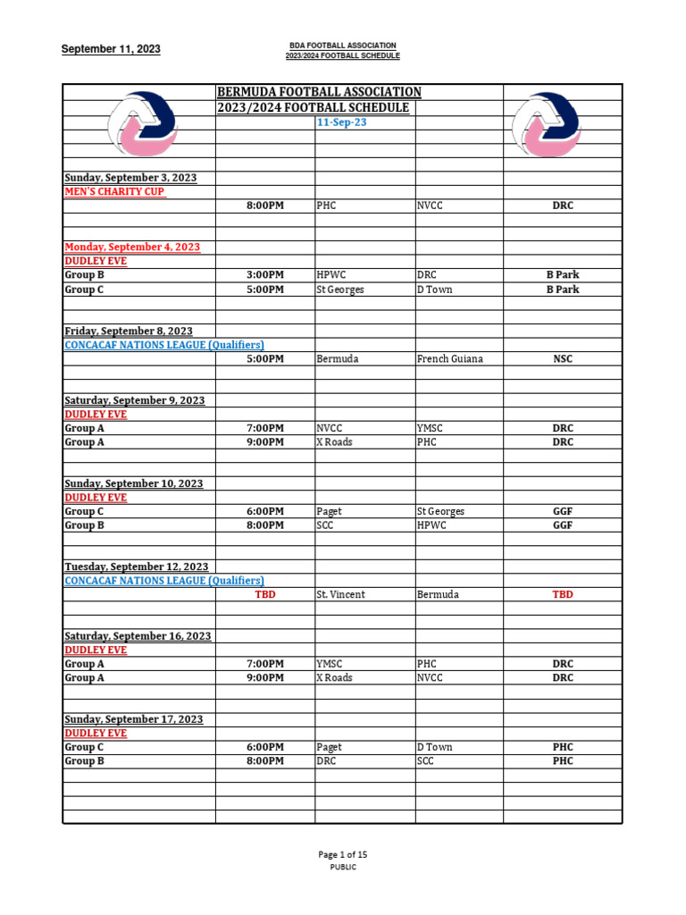 BFA Senior Schedule 2023 2024 - Sept 11 2023 | PDF | Association Football  Competitions | Sports