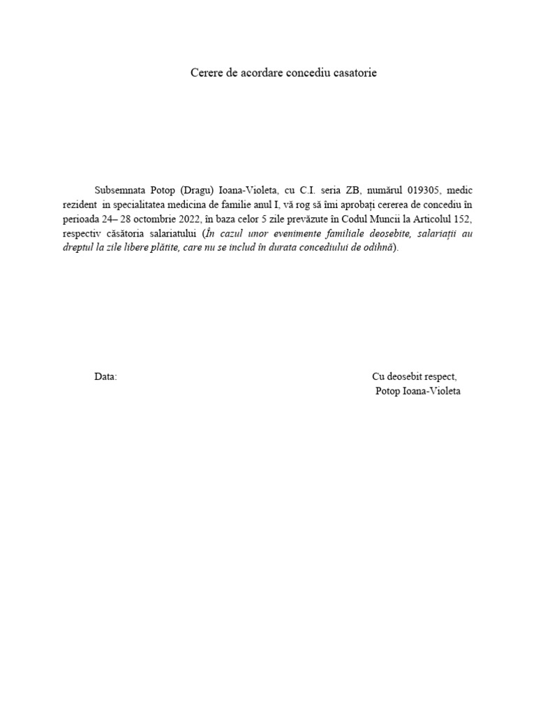 Cerere Concediu 5 Zile Dupa Casatorie 25 | PDF