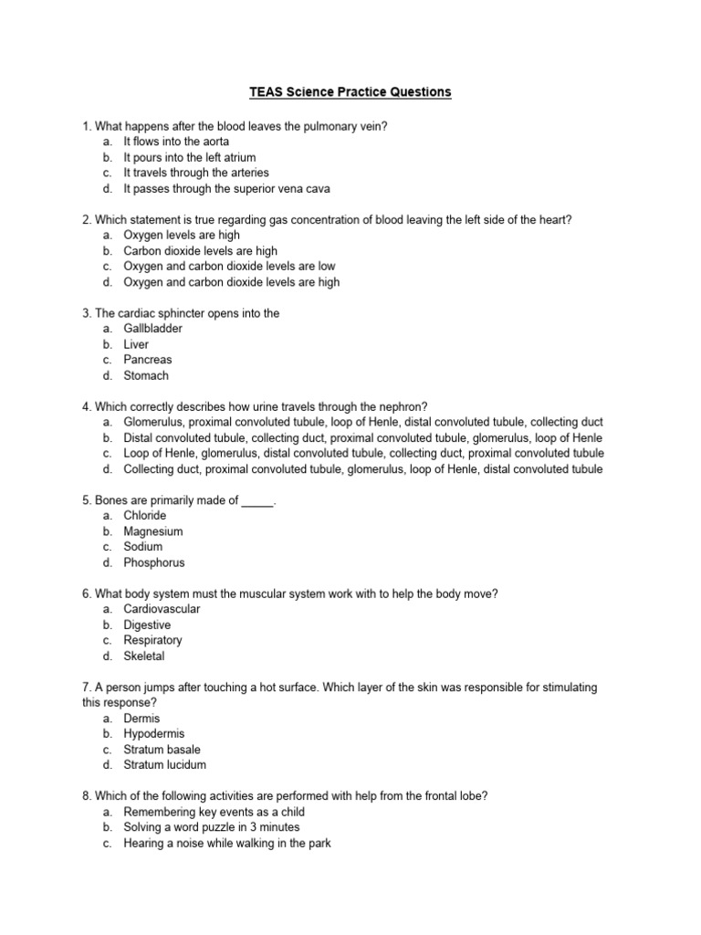 TEAS Science Practice A | PDF | Anatomy | Organ (Anatomy)