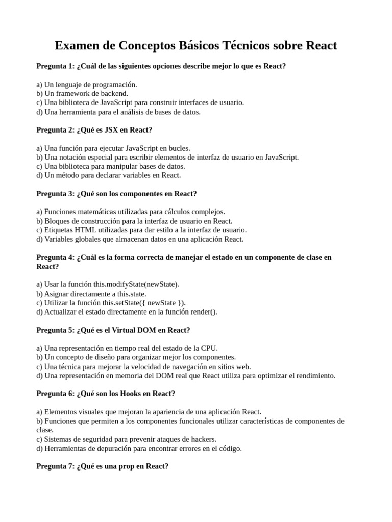 Examen Básico de React: Conceptos Clave | PDF | Modelo de objeto de ...