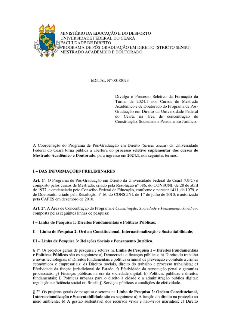 PROCESSO SELETIVO UNIFICADO DE PÓS-GRADUAÇÃO STRICTO SENSU – MESTRADO E  DOUTORADO 2023/1 - Programa de Pós-Graduação em Direito