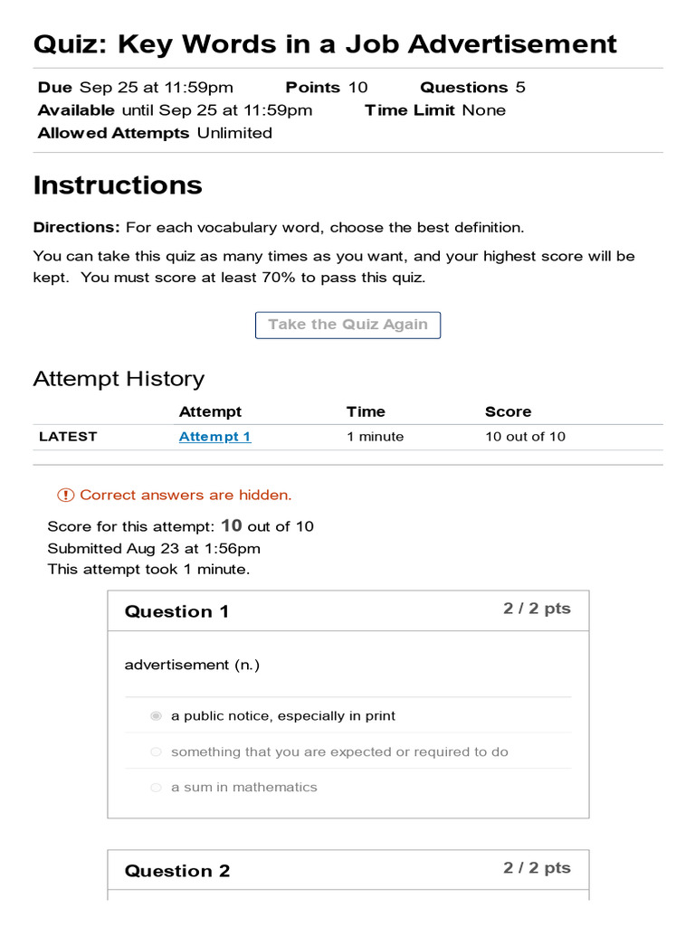 Job Advertisement Vocabulary Quiz | PDF