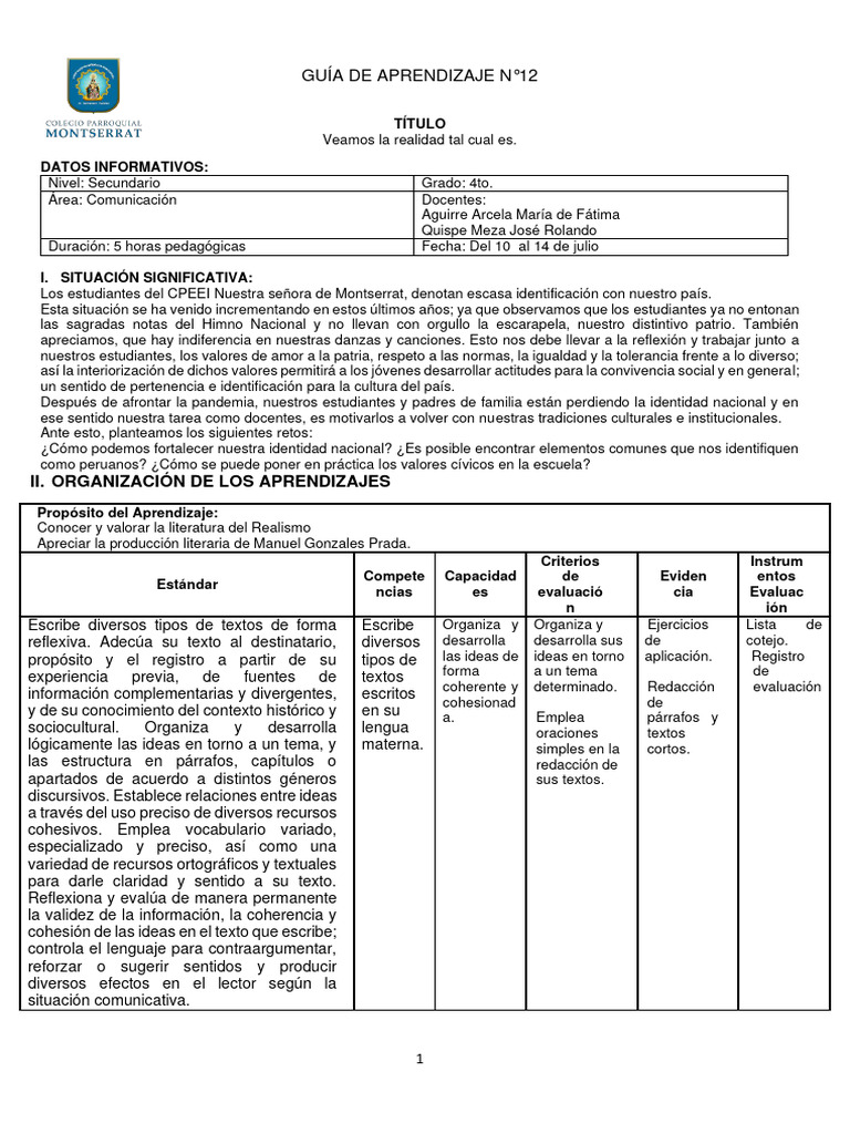 12 Guia de Aprendizaje CUARTO ANO 2023 | PDF | Realismo literario