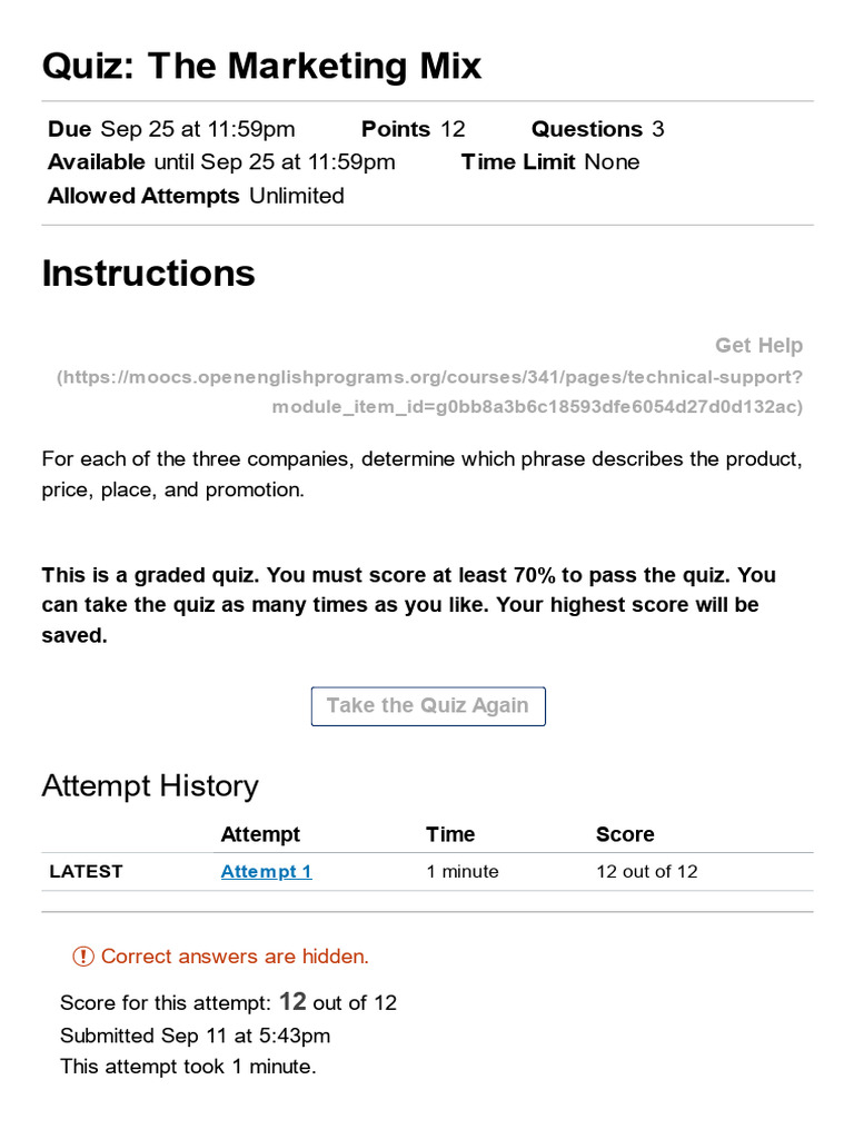 Marketing Mix Quiz Overview | PDF