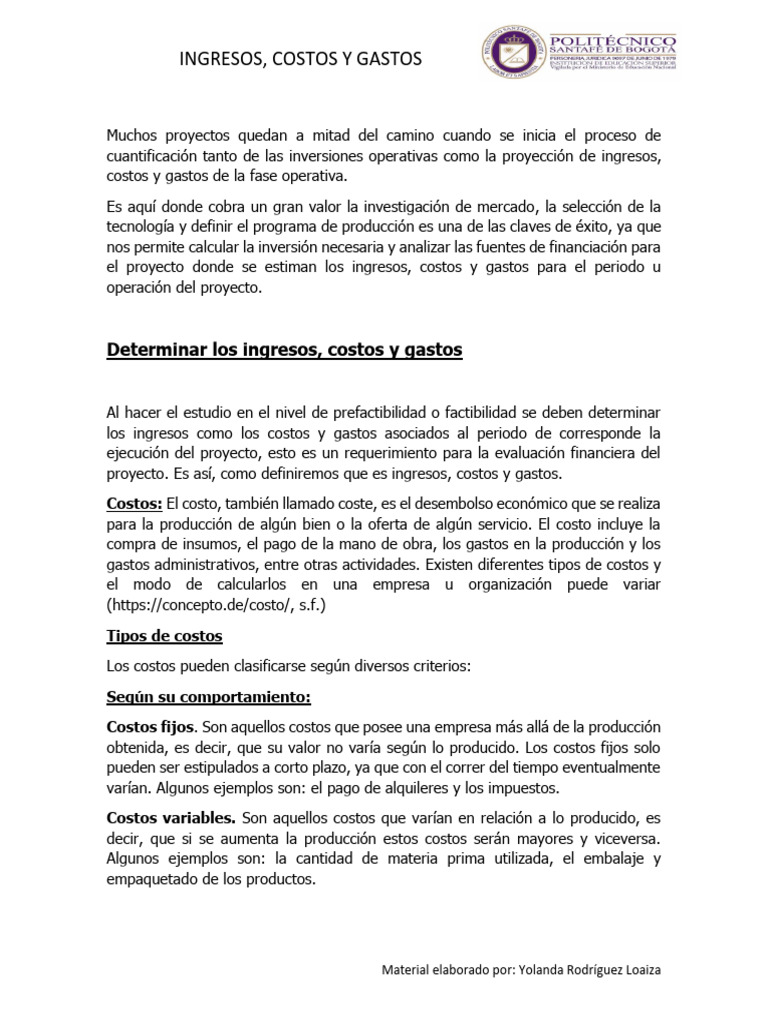Ingresos, Costos y Gastos en Proyectos | PDF | Contabilidad | Costo