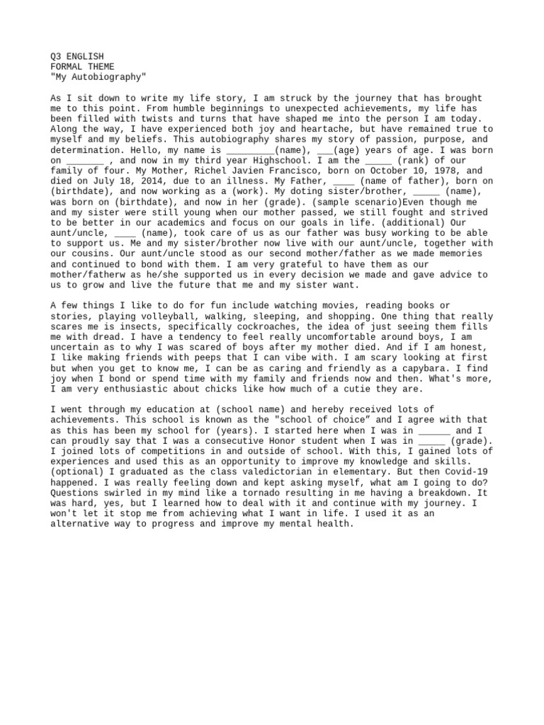 My Autobiography Q3 English Formal Theme Pdf Psychology Cognition