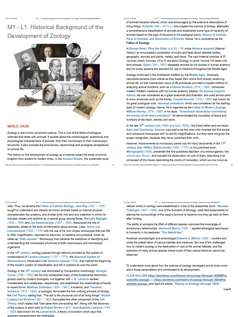M1 L1. Historical Background of The Development of Zoology PDF