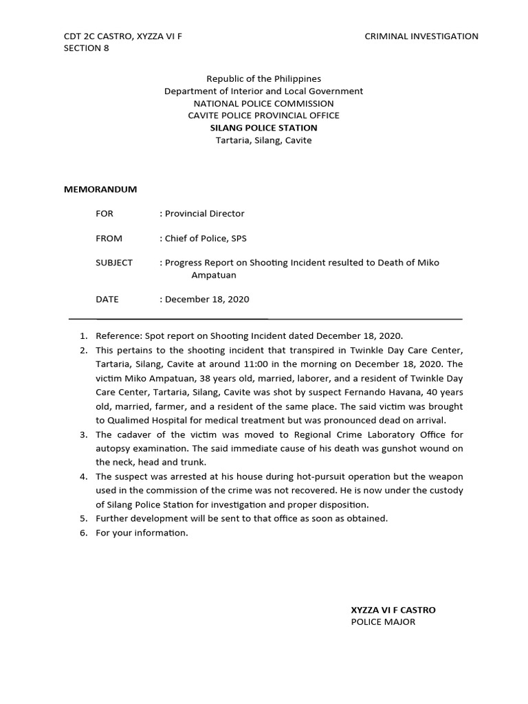 Progress Report on Silang Shooting Incident | PDF