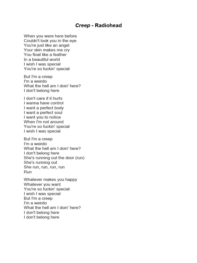 Radiohead - Creep Lyrics Analysis | PDF | Art | Poetry