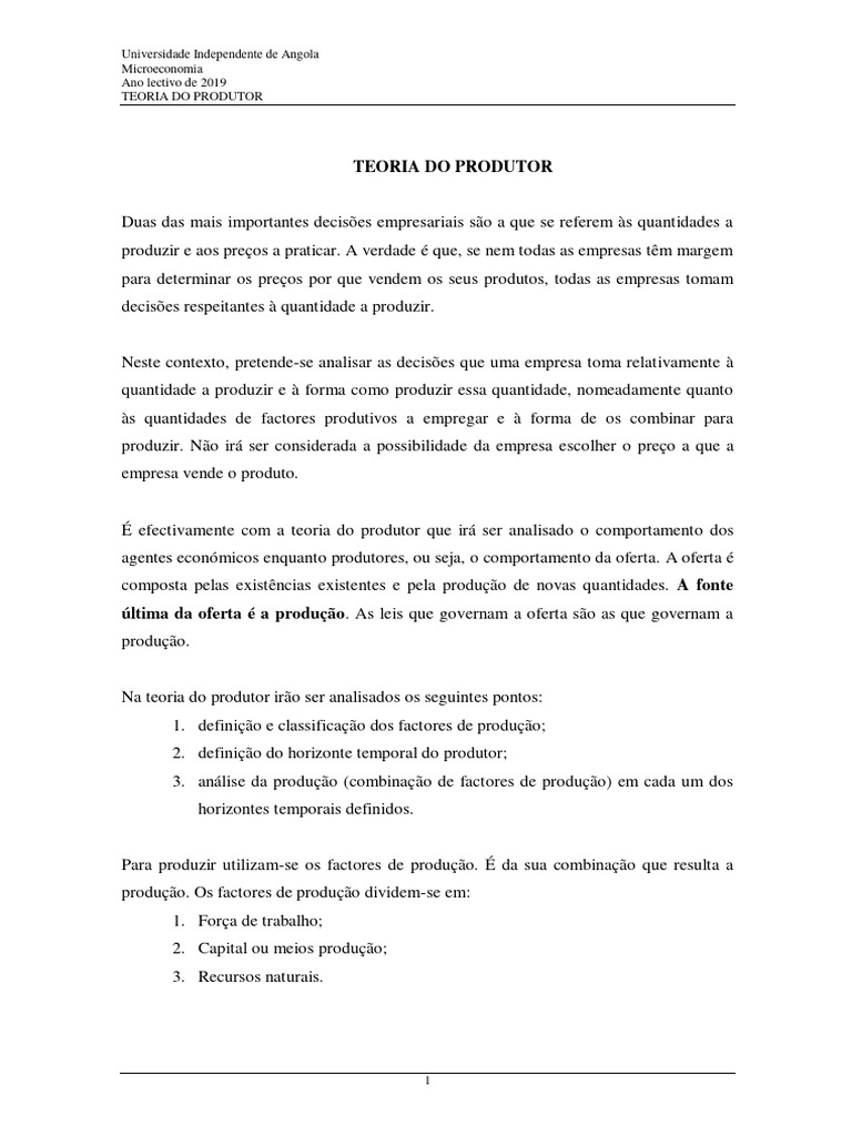 Teoria Do Produtor Pdf Microeconomia Agricultura