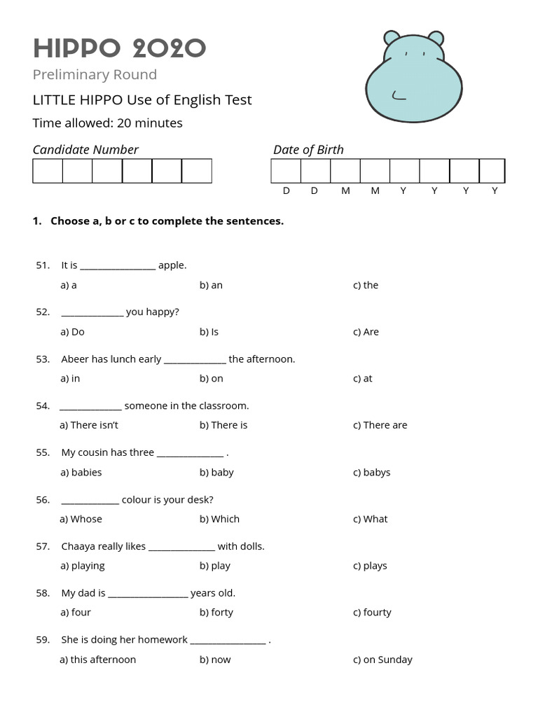 Little Hippo Use of English Test | PDF