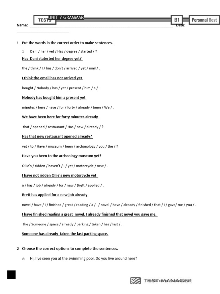 Personal Best B1 AmE Unit 7 Grammar Test | PDF