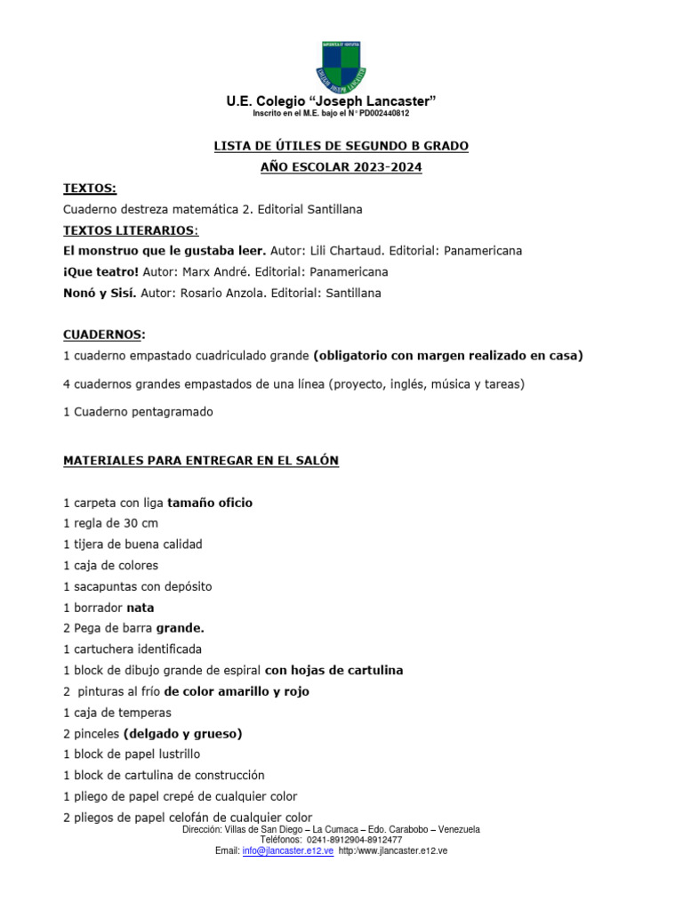 Lista de Utiles de Segundo B Grado | PDF | Escritura | Trabajo de oficina