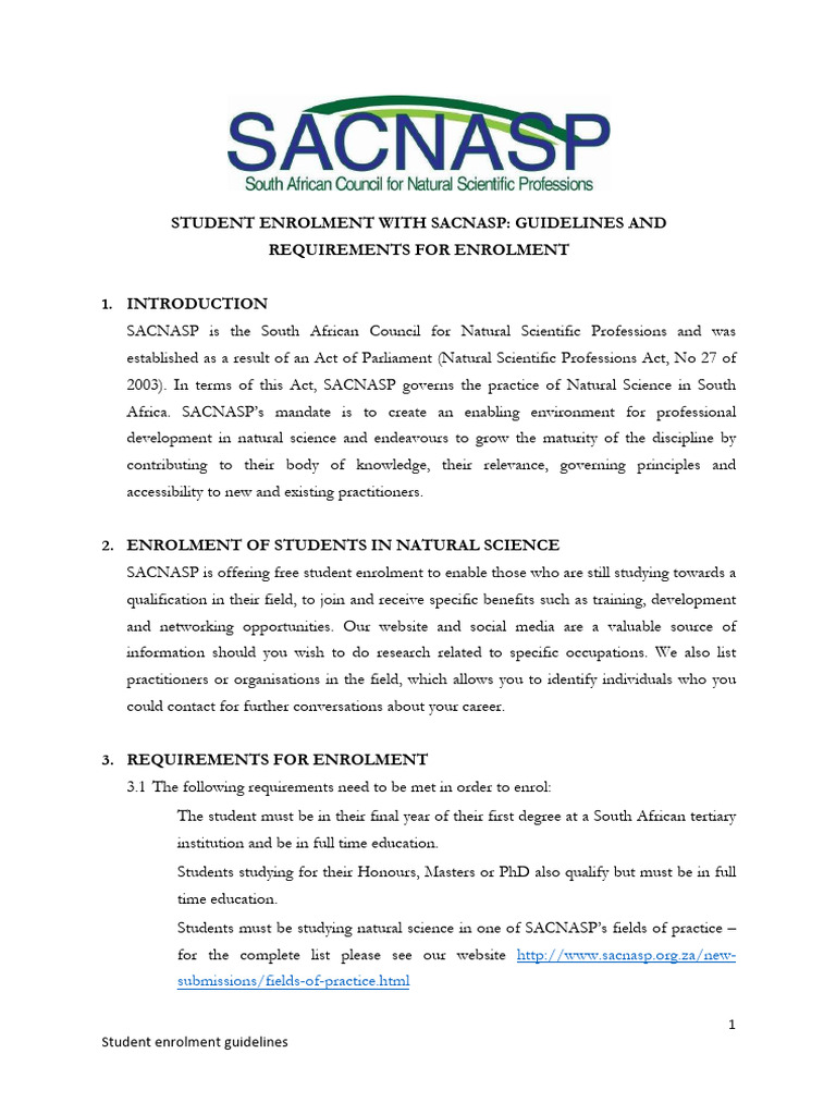 SACNASP Student Enrolment Guidelines | PDF | Science | Profession