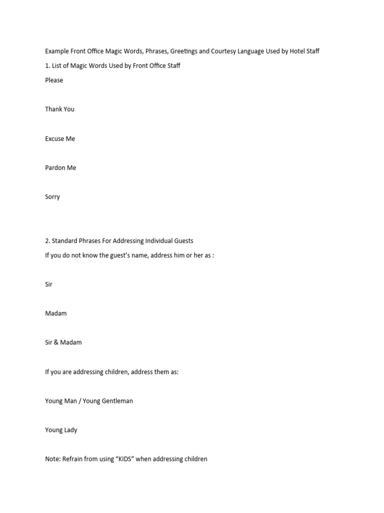 Front Office Magic Words for Hospitality | PDF | Madam | Gentleman