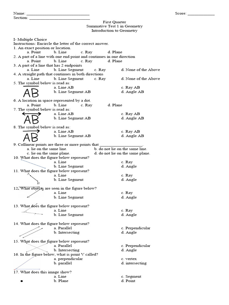 First Quarter Geometry Test | PDF | Line (Geometry) | Geometry
