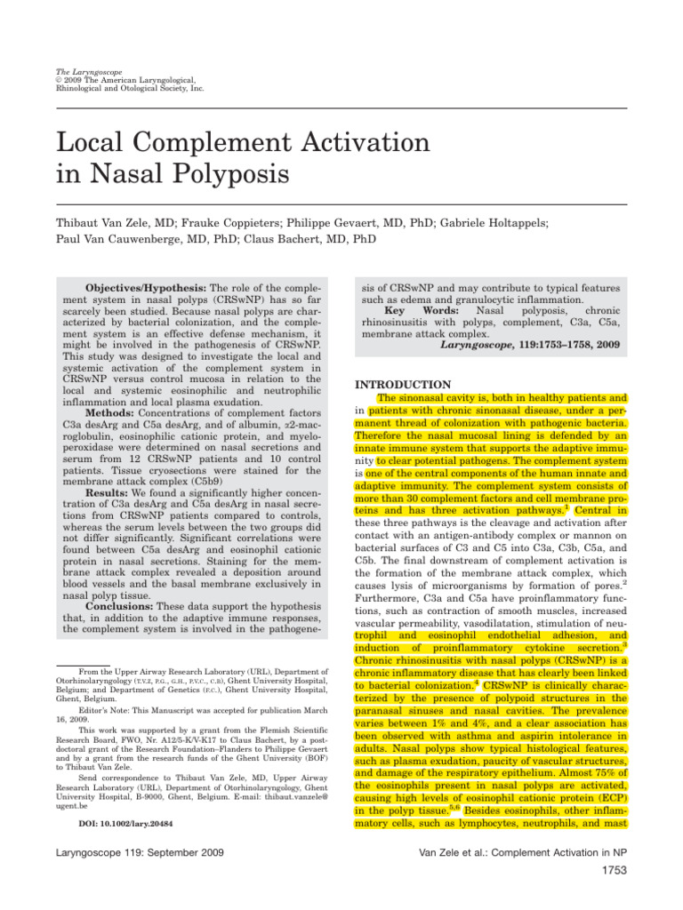 Local Complement Activation in Nasal Polyposis PDF Complement