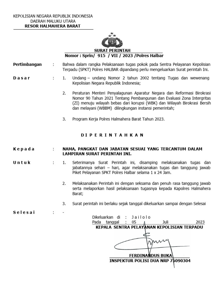 Sprin Piket Pelayanan SPKTH Indikator 1 | PDF