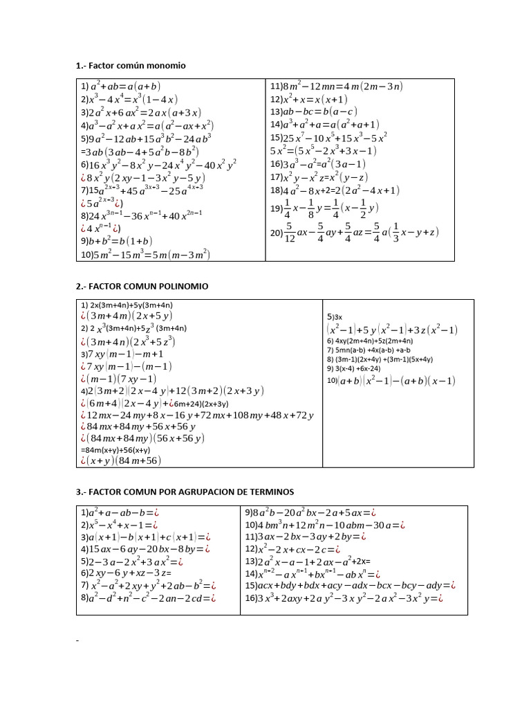 Ejercicios de Factor Común Monomio | PDF | Álgebra | Matemáticas