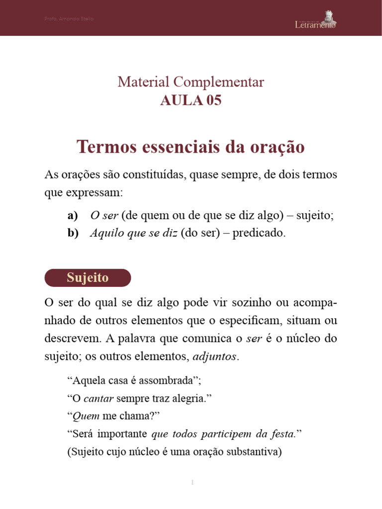 Tipos de Sujeito e Predicado na Oração | PDF | Assunto (gramática ...