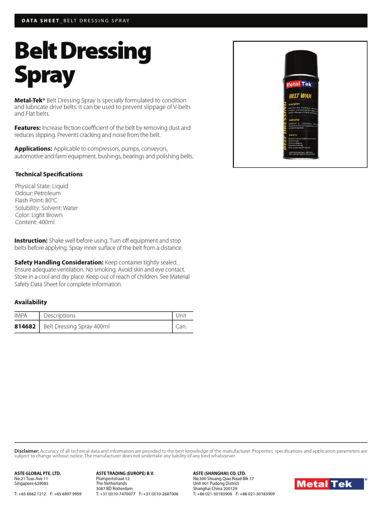 MetalTek Belt Dressing Spray TDS (2022) PDF