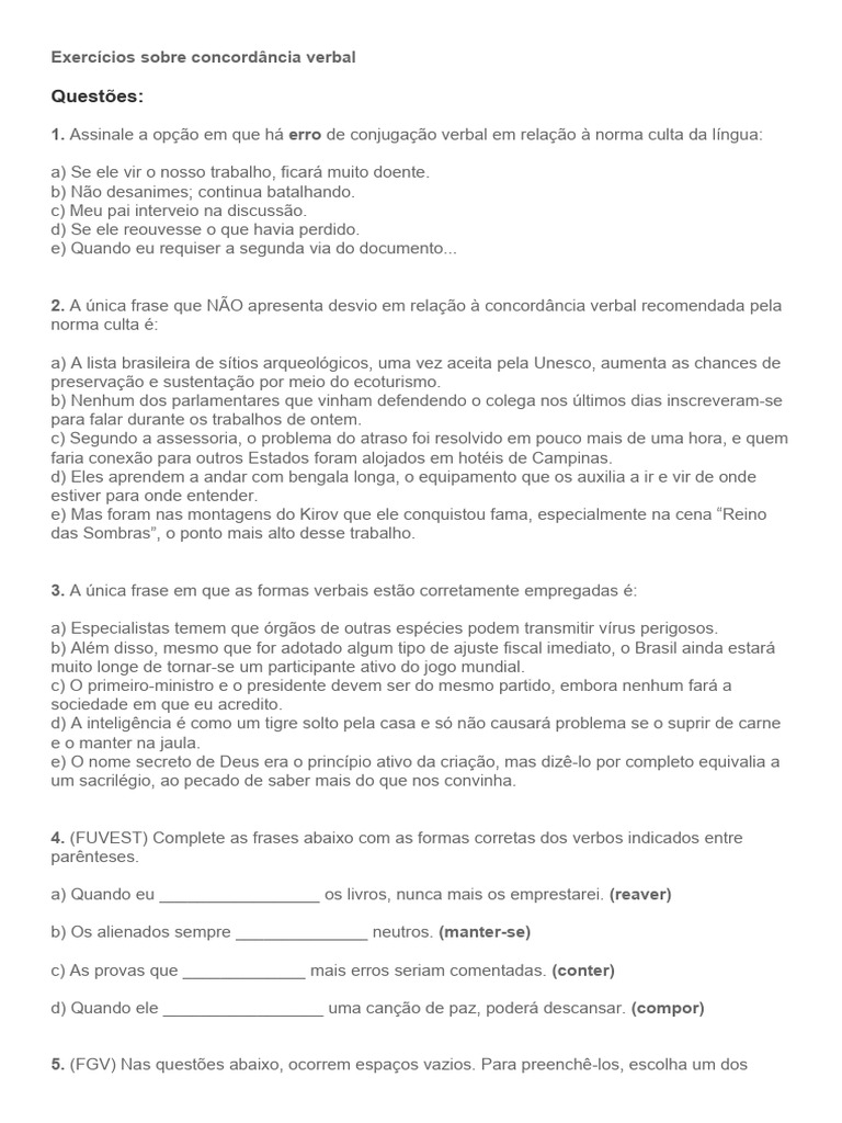 Exercícios de Concordância Verbal | PDF
