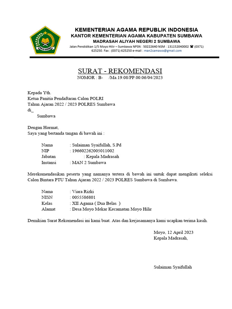 Surat Rekomendasi Calon POLRI 2023 | PDF