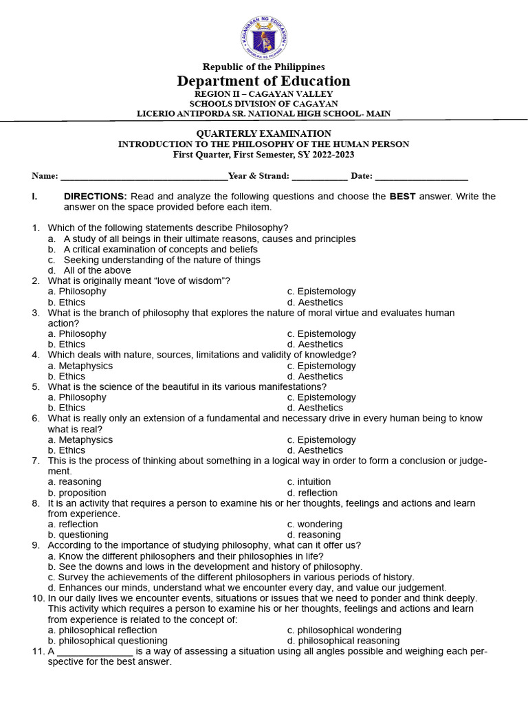 Grade 11 Philosophy First Quarter Exam | PDF | Epistemology | Reason