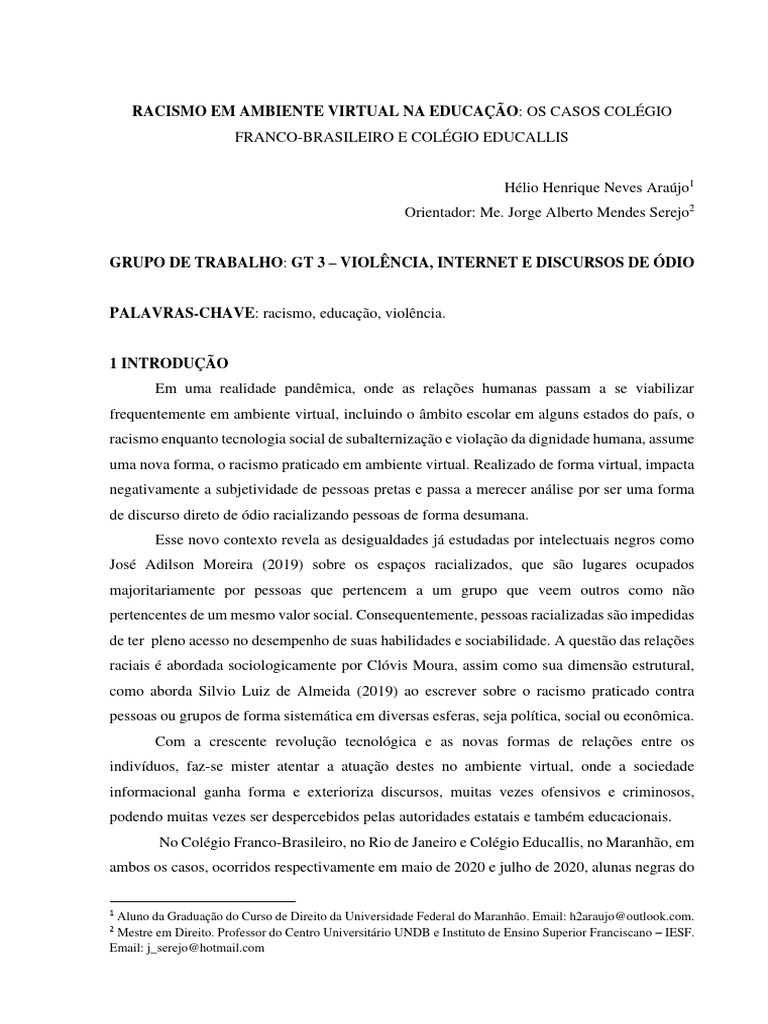 Rexp racismo em ambiente virtual na educa o os casos col gio franco