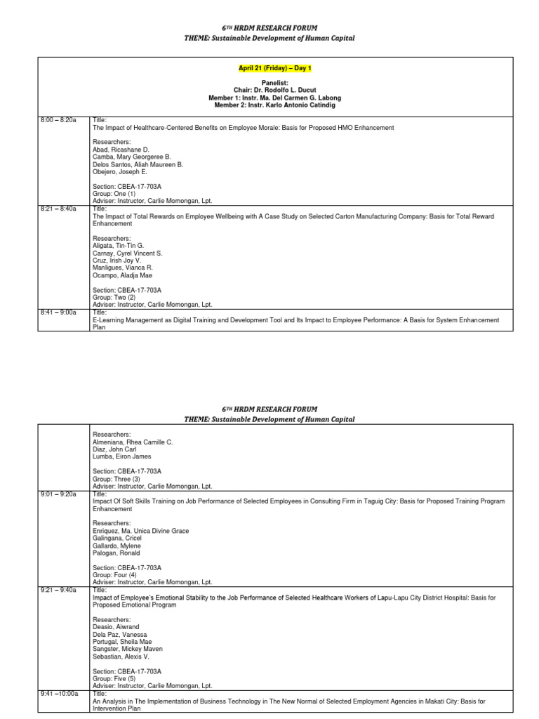 Day 1 schedule of 6th research forum pdf employee relations