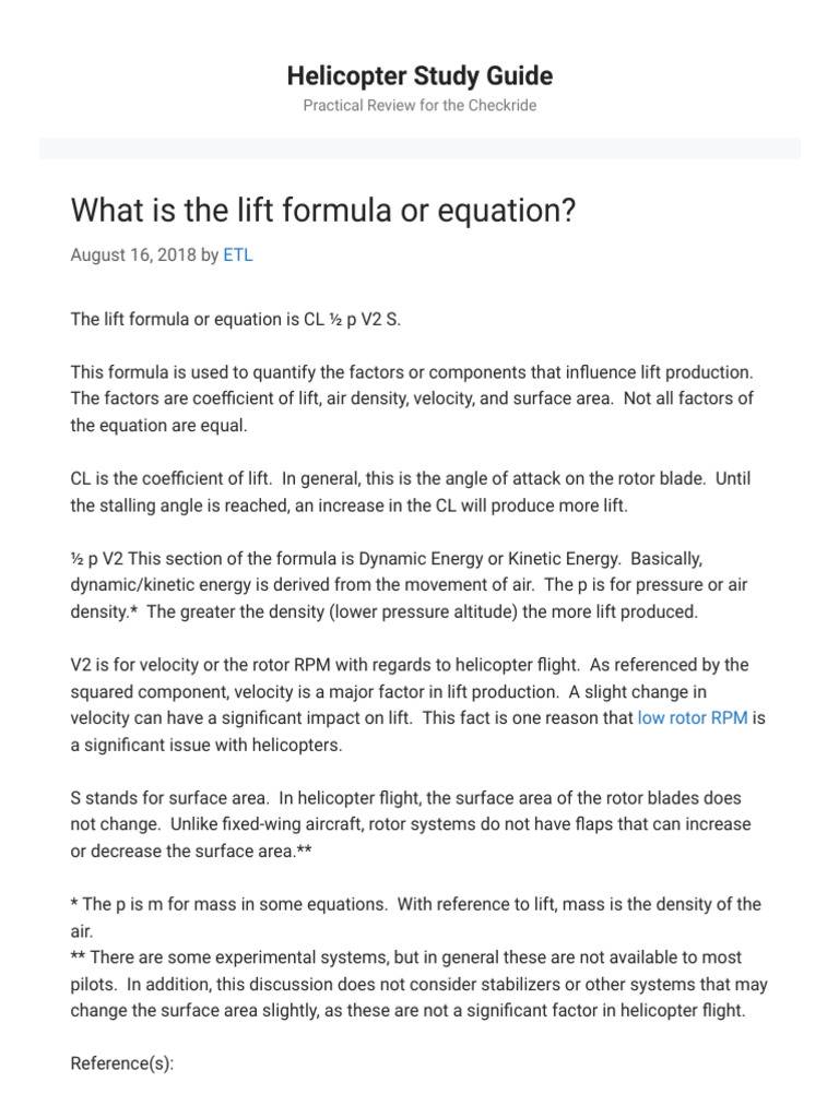 What Is The Lift Formula or Equation Helicopter Study Guide PDF