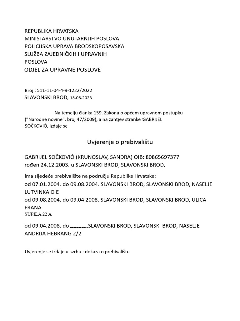 Odjel Za Upravne Poslove: Uvjerenje o Prebivalištu | PDF