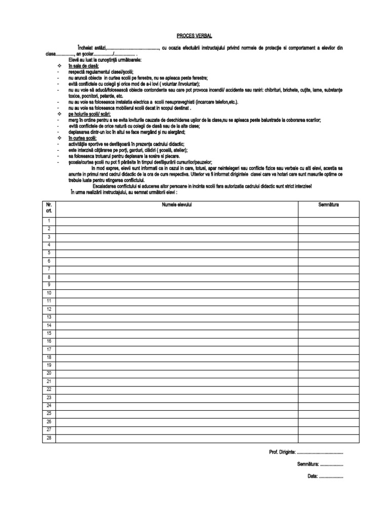 Proces Verbal Instructaj Elevi | PDF
