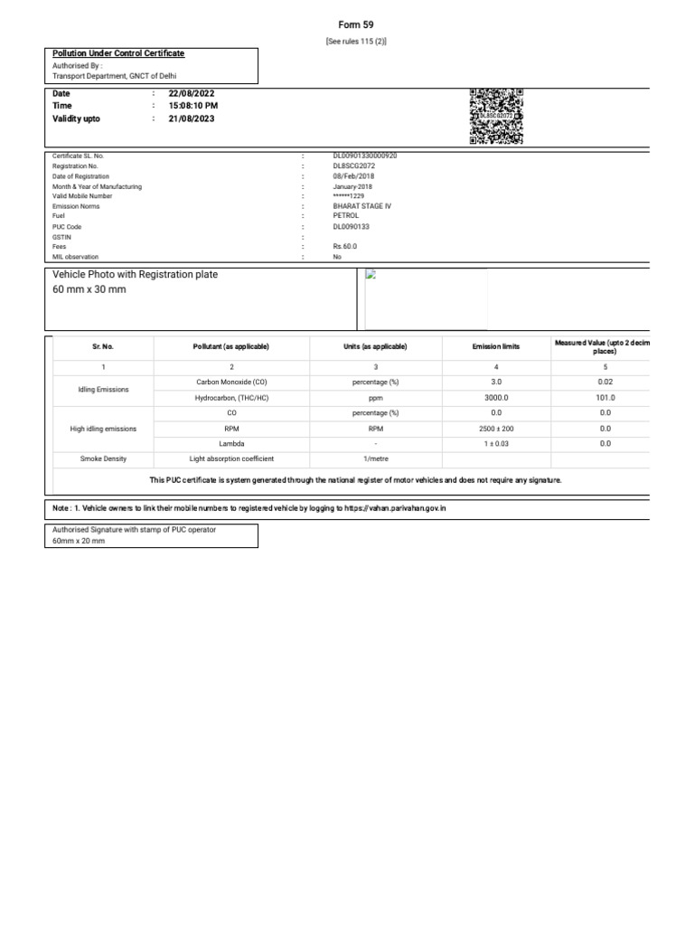 Pollution Under Control Certificate DL8SCG2072 | PDF | Exhaust Gas ...
