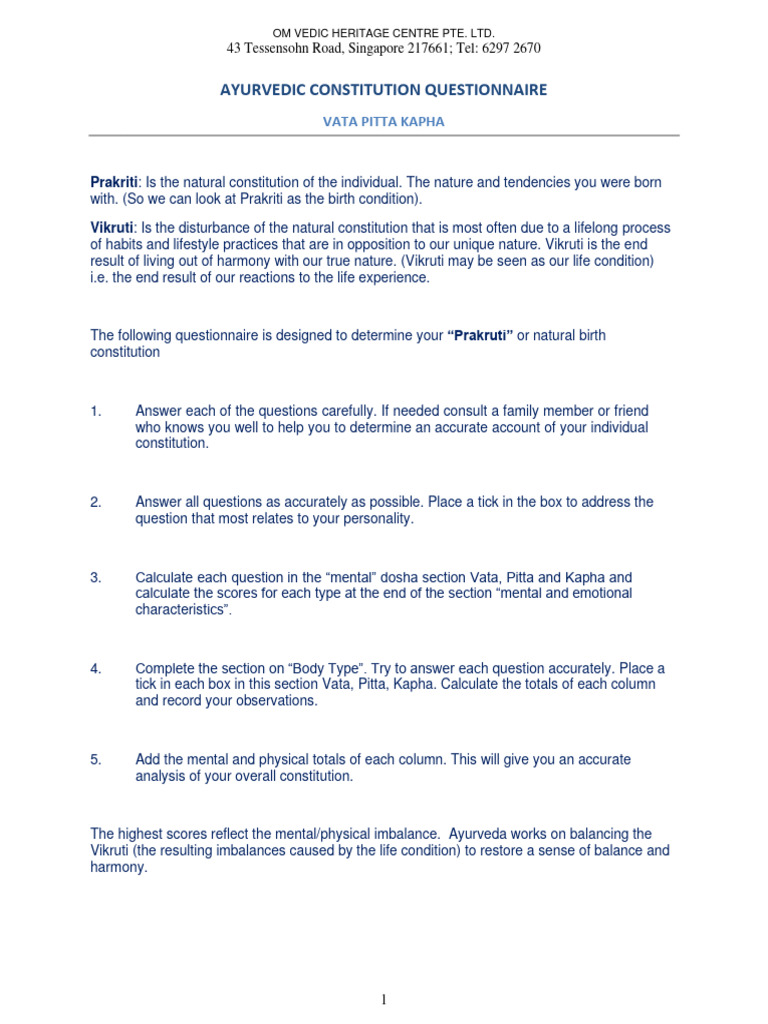Ayurvedic Constitution Prakriti Pdf Ayurveda