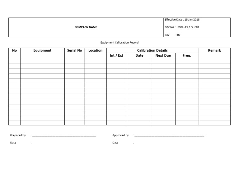 Equipment Calibration Record PDF