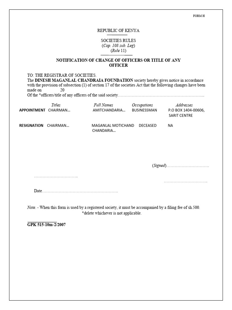 Form h notification of change of office bearers pdf