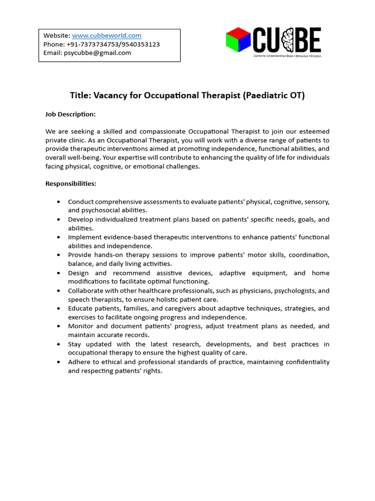 Occupational Therapist Job Vacancy Cubbe Clinics PDF Occupational