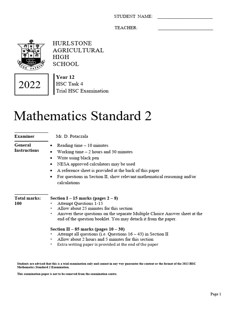 2022 HSC Mathematics Standard 2 Trial Exam | PDF