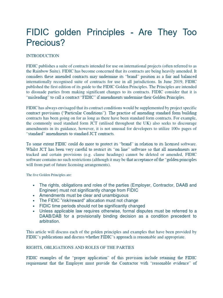 FIDIC Golden Principles Explained | PDF | Employment | Risk