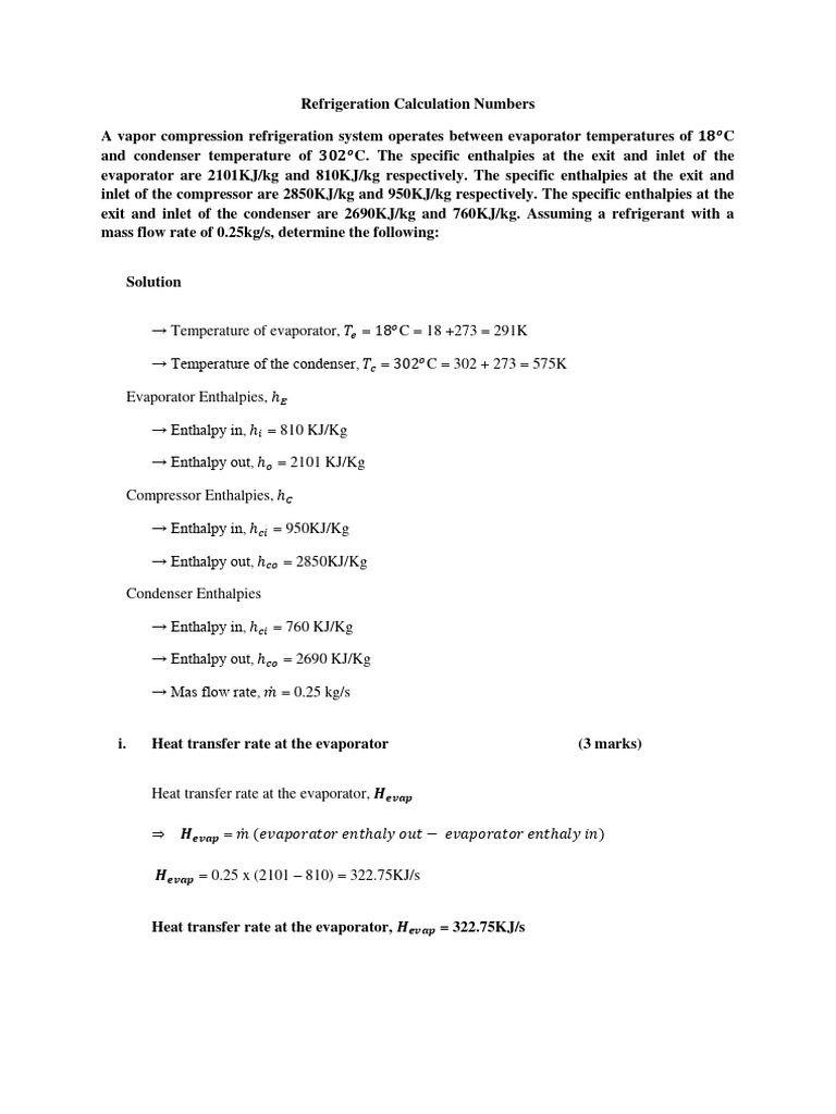 Refrigeration Calculation Numbers PDF Enthalpy Refrigeration